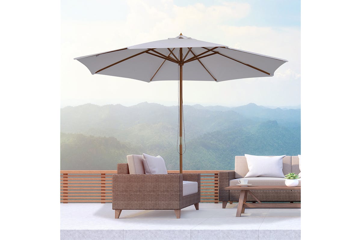 Outsunny Round Wooden Sun Parasol Umbrella | Cream White-2