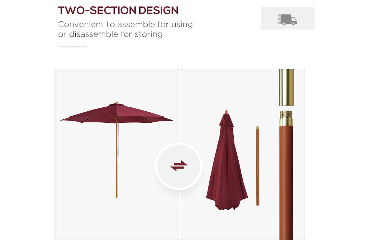 Outsunny 3m Sun Shade Patio Outdoor Umbrella | Wine Red-7