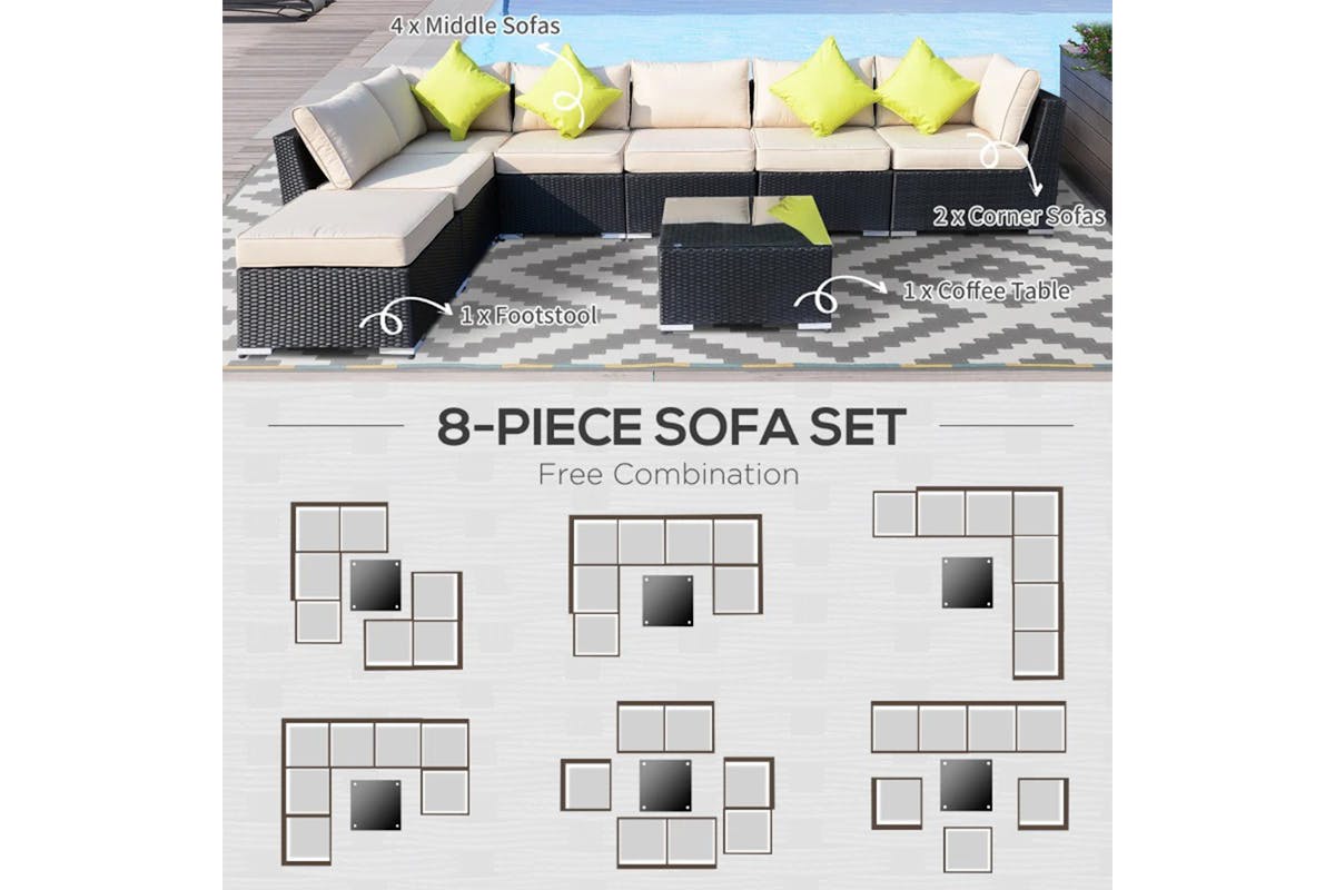 Outsunny Rattan Sofa Set | Beige/Black  | Set of 8-5