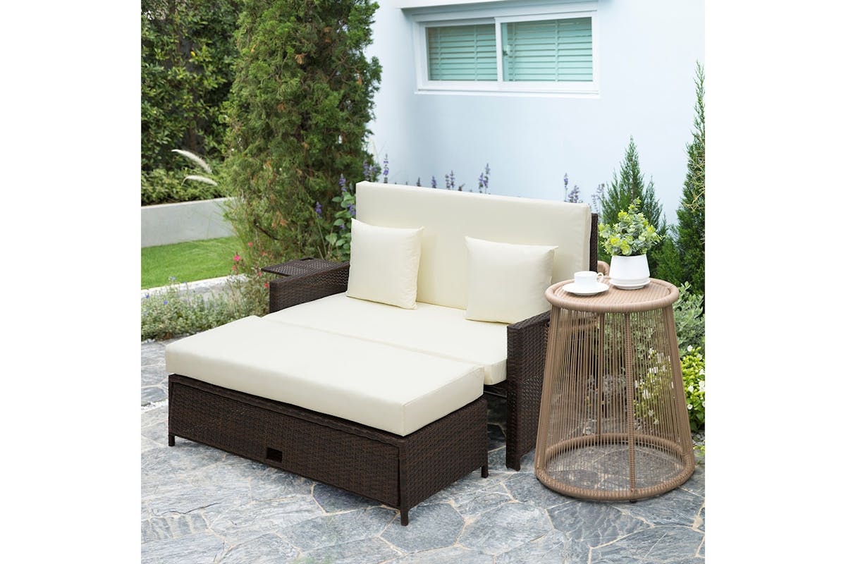 Outsunny 2-Seater Rattan Day Bed with Drink Trays | Brown-2