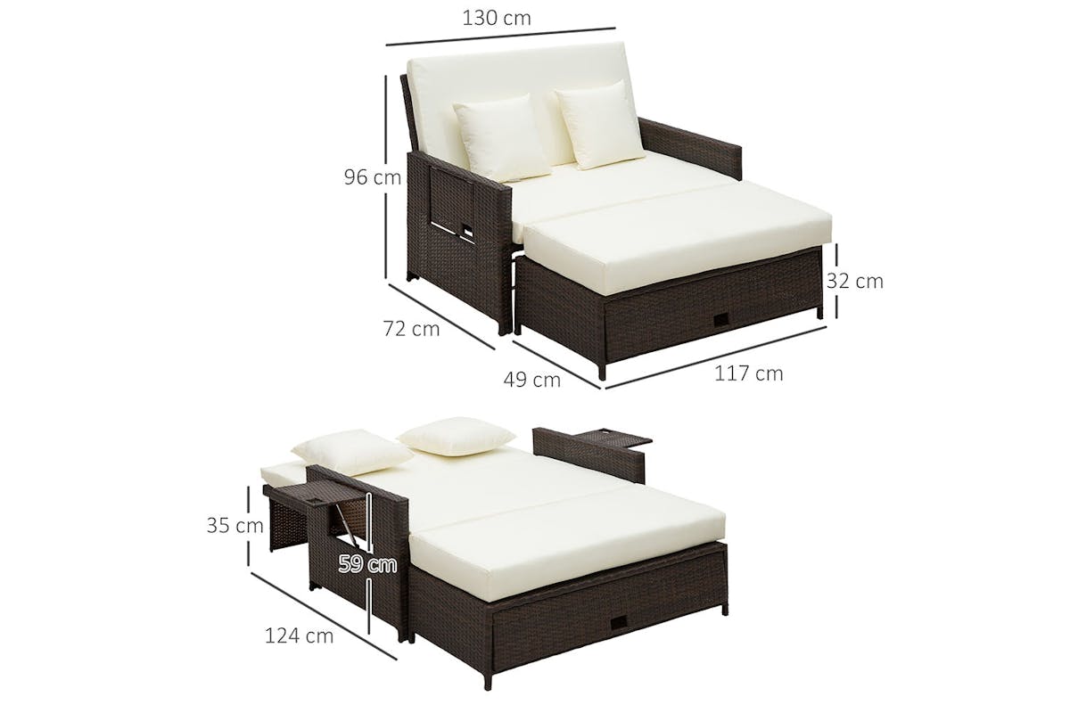 Outsunny 2-Seater Rattan Day Bed with Drink Trays | Brown-5