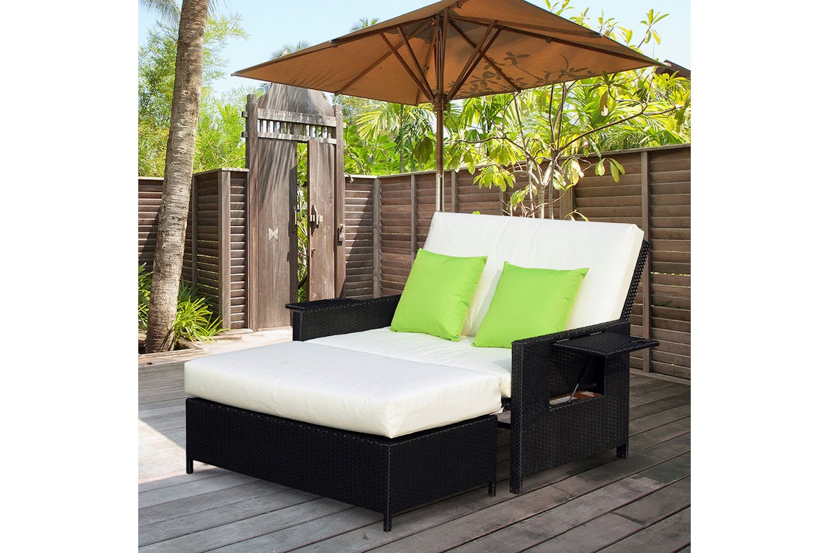 Outsunny 2 Seater Rattan Day Bed with 2 Hinged Side Table | Black-2