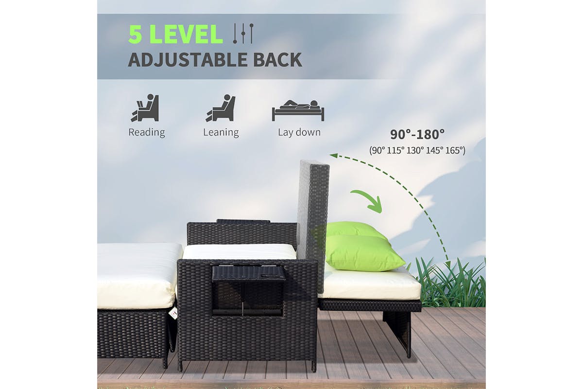 Outsunny 2 Seater Rattan Day Bed with 2 Hinged Side Table | Black-3