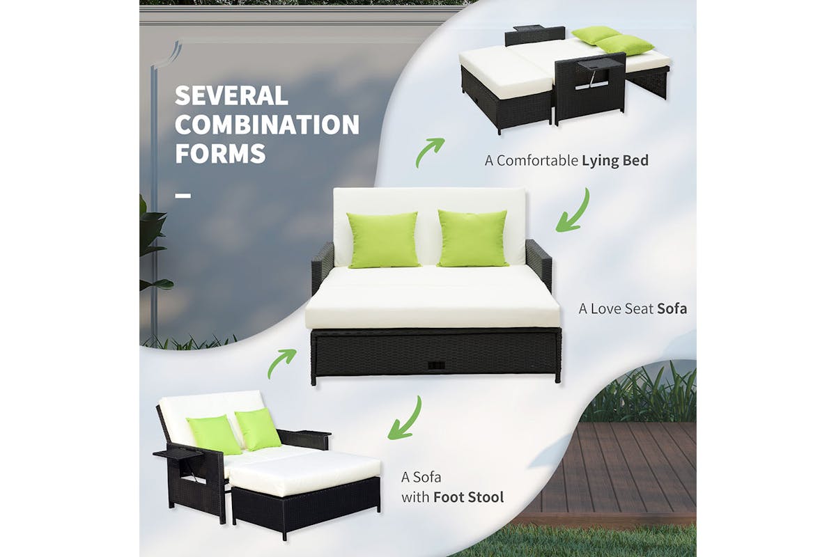 Outsunny 2 Seater Rattan Day Bed with 2 Hinged Side Table | Black-4