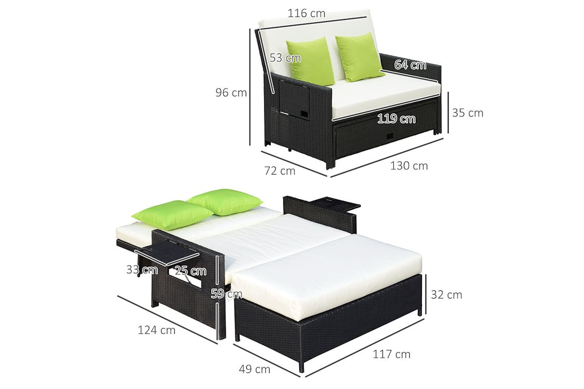 Outsunny 2 Seater Rattan Day Bed with 2 Hinged Side Table | Black-5