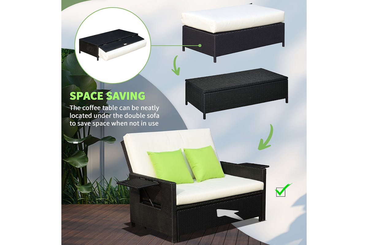 Outsunny 2 Seater Rattan Day Bed with 2 Hinged Side Table | Black-7