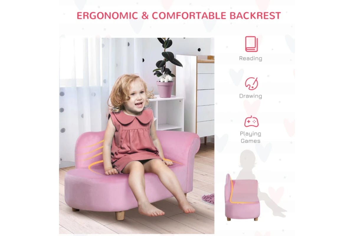 Homcom Toddlercouch Wooden Frame Kids Sofa | Pink-3