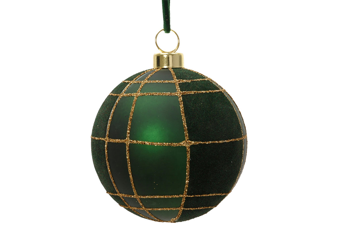 Matte Velvet Check Bauble | Pine Green | 8 cm