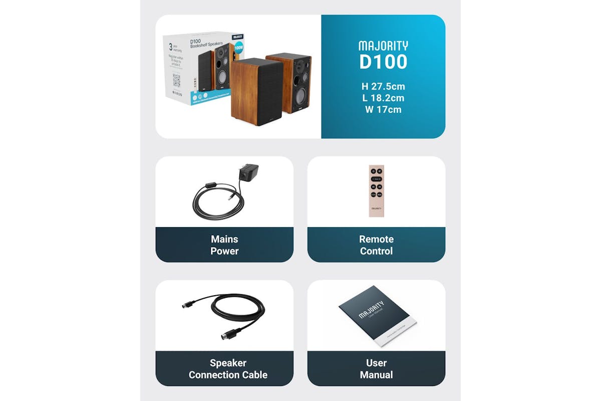 Majority D100 Bookshelf Speakers | Hi-fi Audio | Metal Speaker Cones | 100w-6