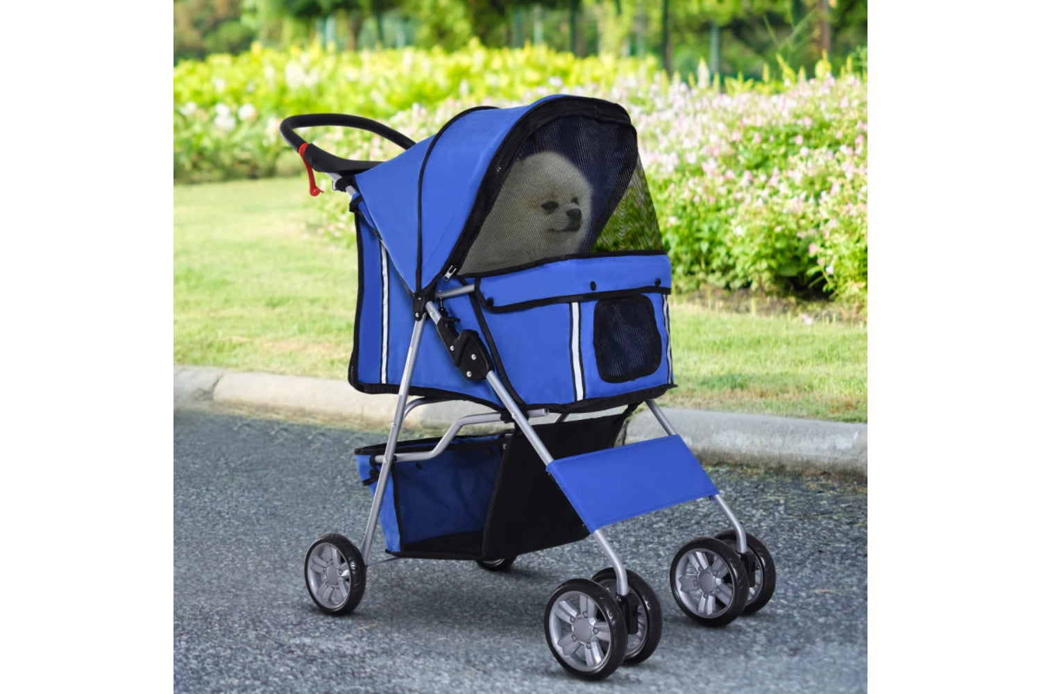 PawHut Foldable Cat Stroller Pram Pushchair | Blue/Silver-6