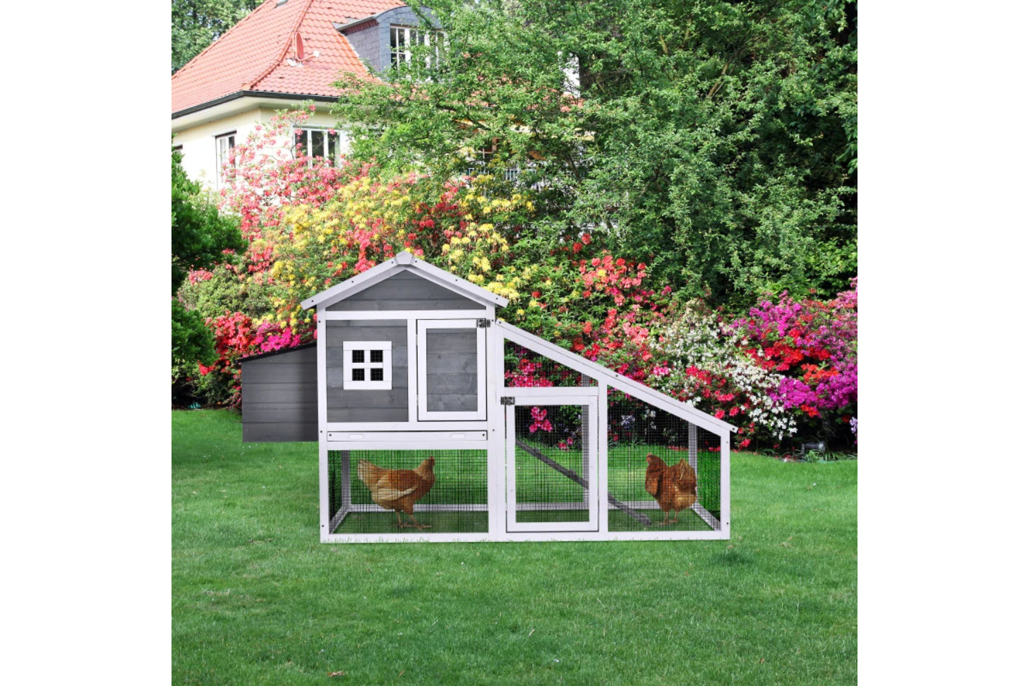 PawHut Wooden Chicken Coop Poultry House | Grey/White-6