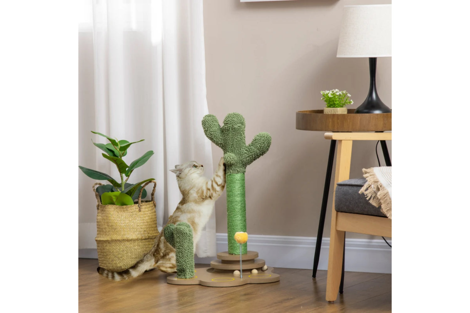 PawHut 60cm Cactus-Shaped Cat Tree | Green/Light Brown-6