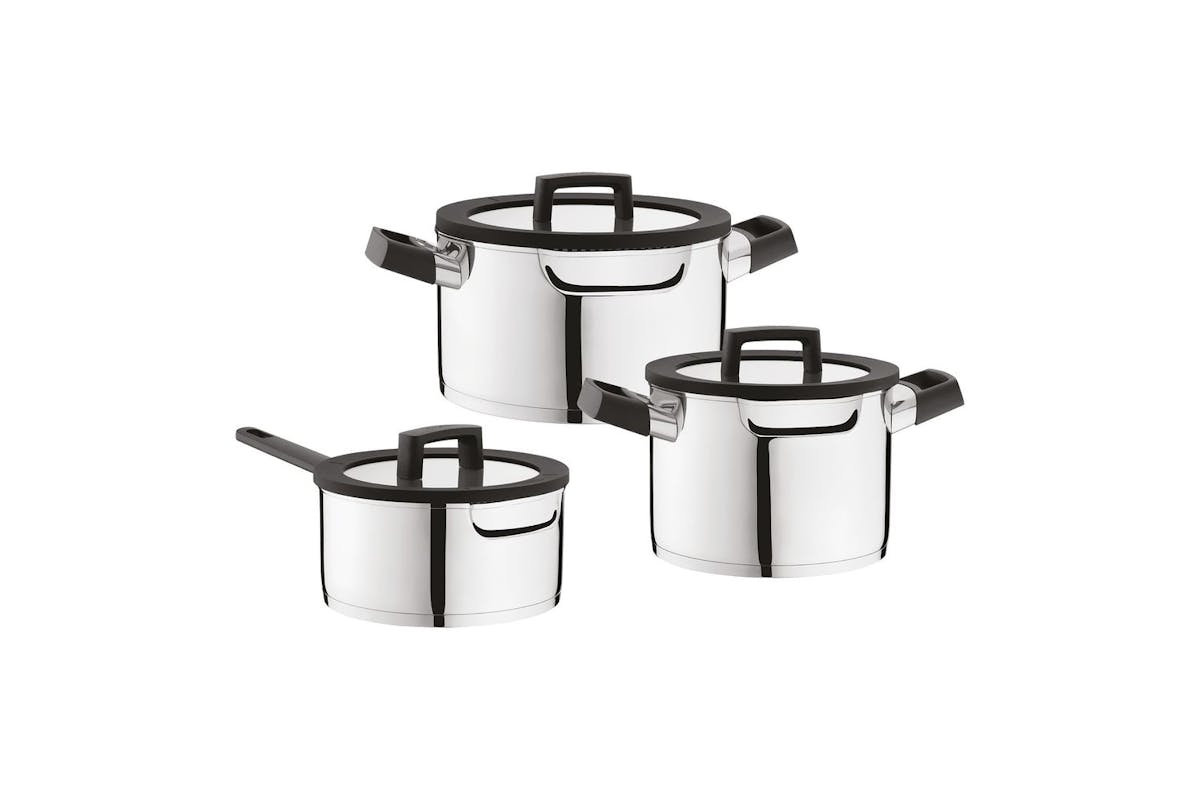 Berghoff 63 Pc Stainless Steel Pot Set | Pots And Pans | 18/10 Stainless Steel | Glass Lids | Black Handles | 20 Cm Casserole | 24 Cm Stock Pot