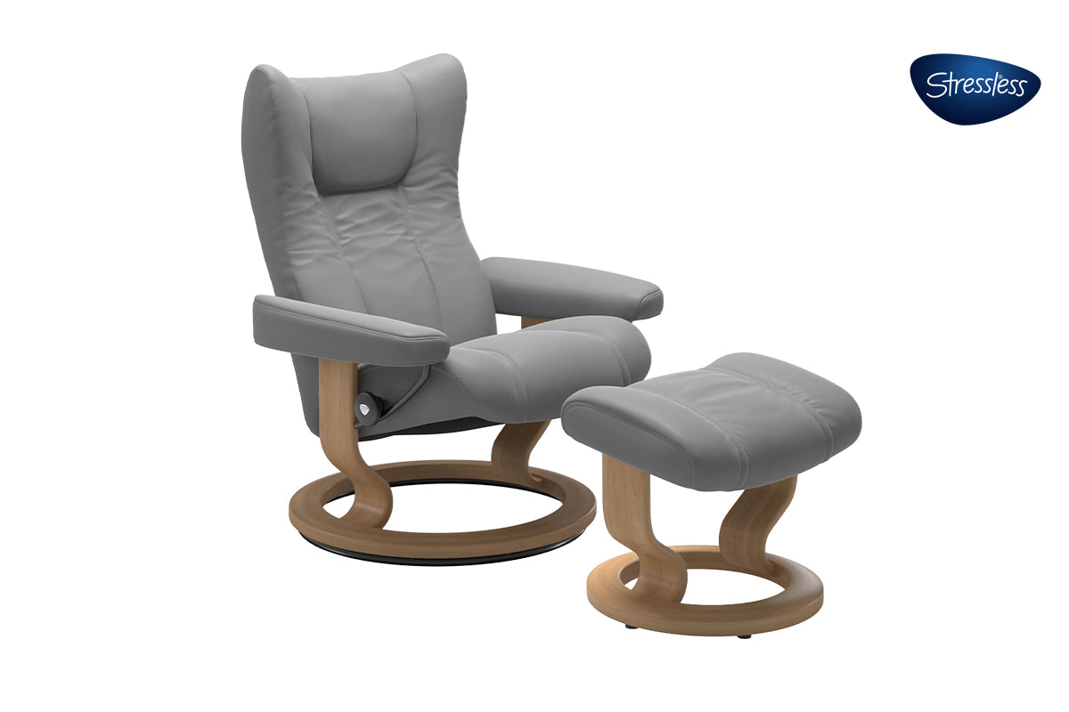 Stressless® Wing Recliner with Footstool | Leather | Dove