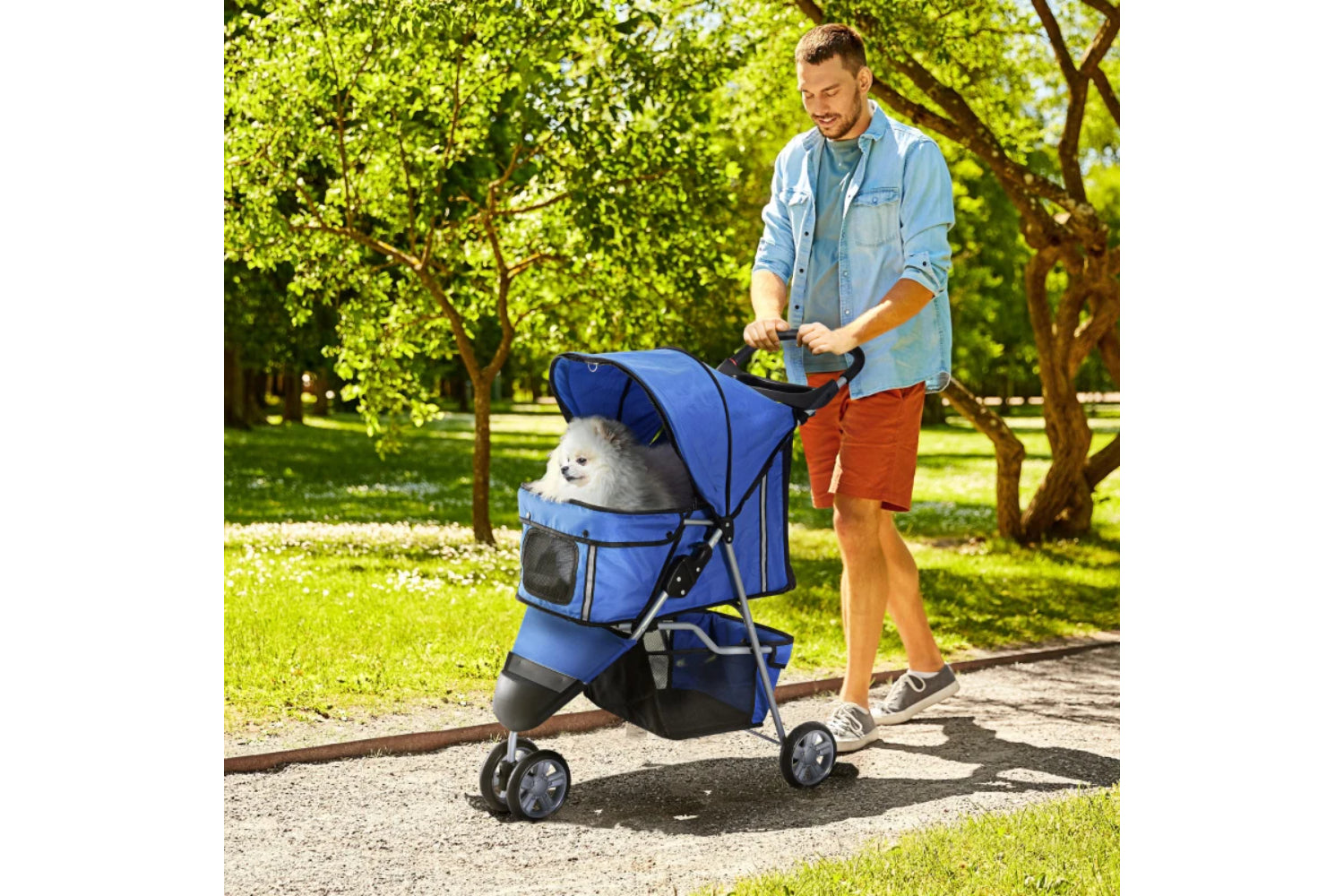PawHut Foldable Cat Stroller Pram Pushchair | Blue/Silver-7