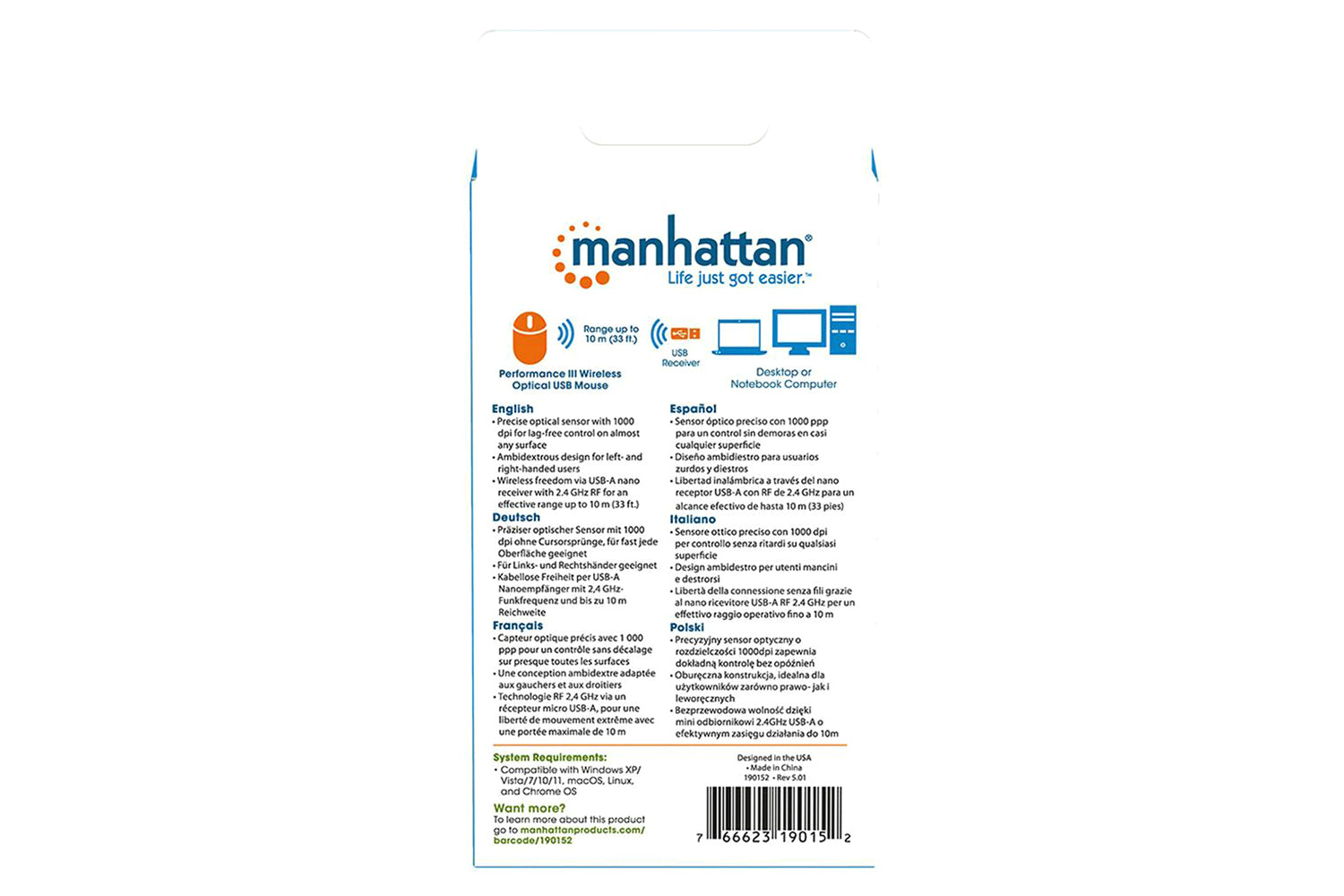 Manhattan Performance III Wireless Optical USB Mouse | White-12