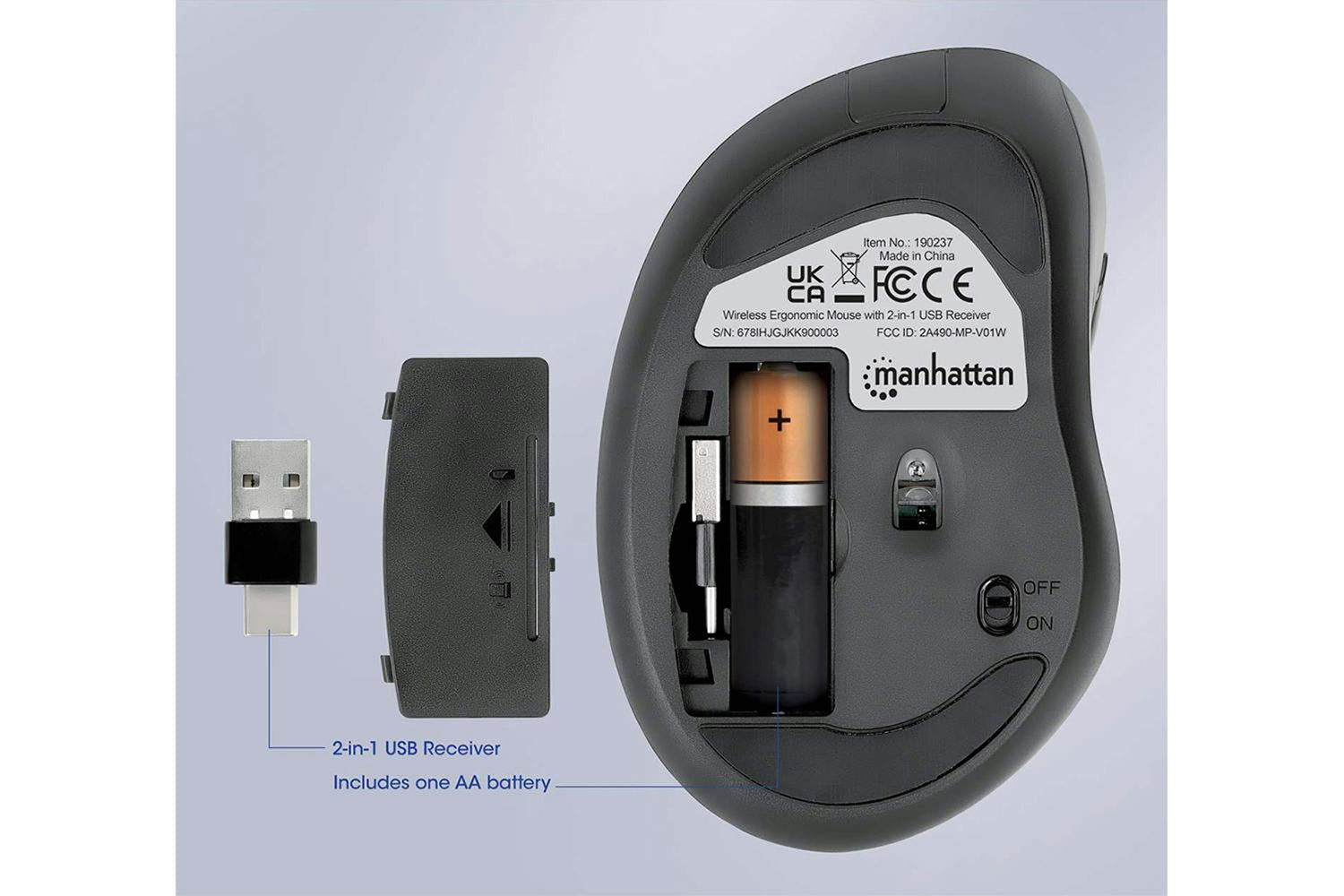 Manhattan Ergonomic Wireless Mouse With 2-in-1 USB Receiver | Black-7