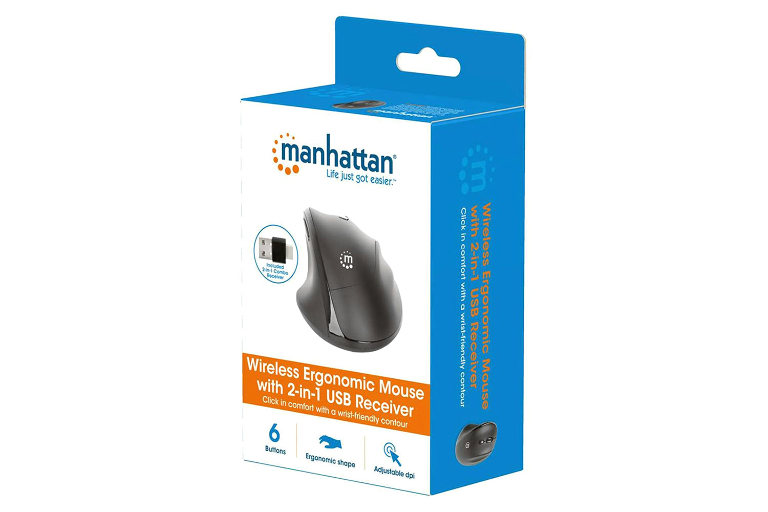 Manhattan Ergonomic Wireless Mouse With 2-in-1 USB Receiver | Black-9