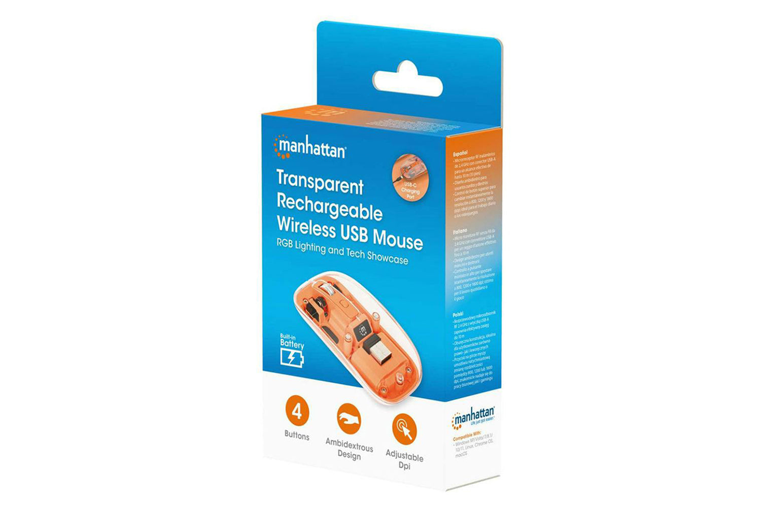Manhattan Rechargeable Wireless USB Mouse | Clear/Orange-12