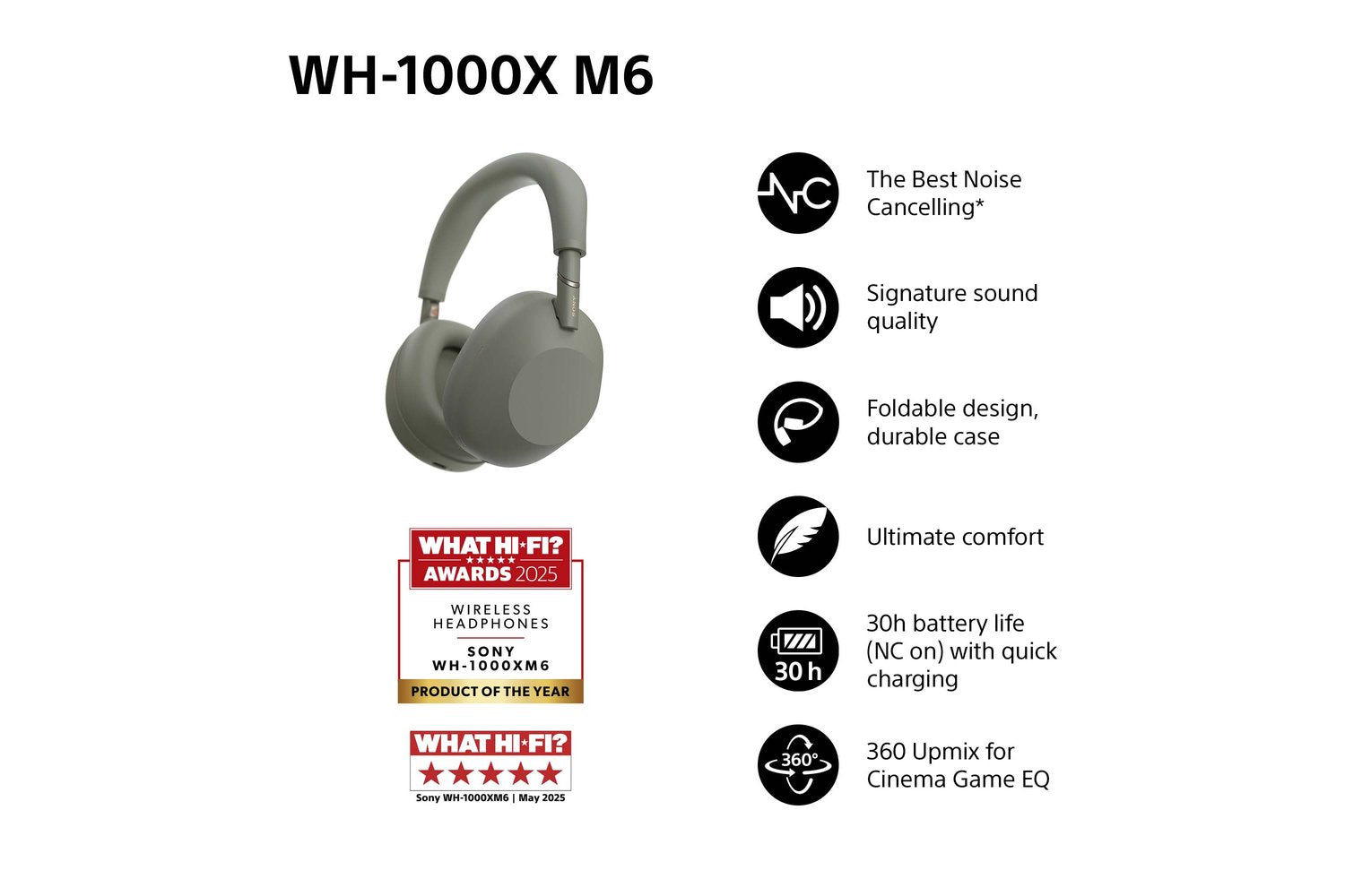 Sony WH-1000XM6 Wireless Noise Cancelling Over Ear Headphones | Olive Grey-2