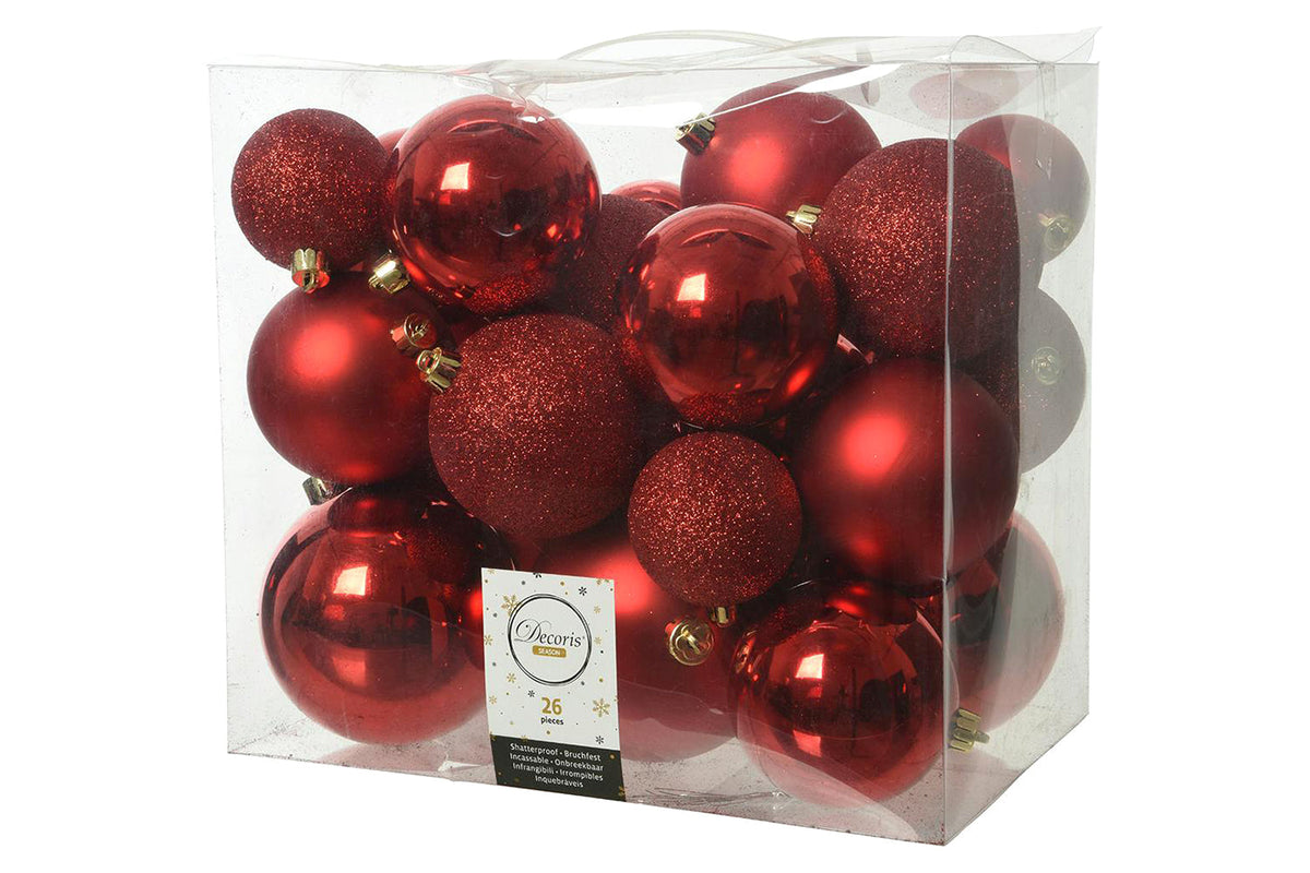 Christmas Decoration | Kaemingk Shatterproof Mix Of Baubles | Red | Pack of 26