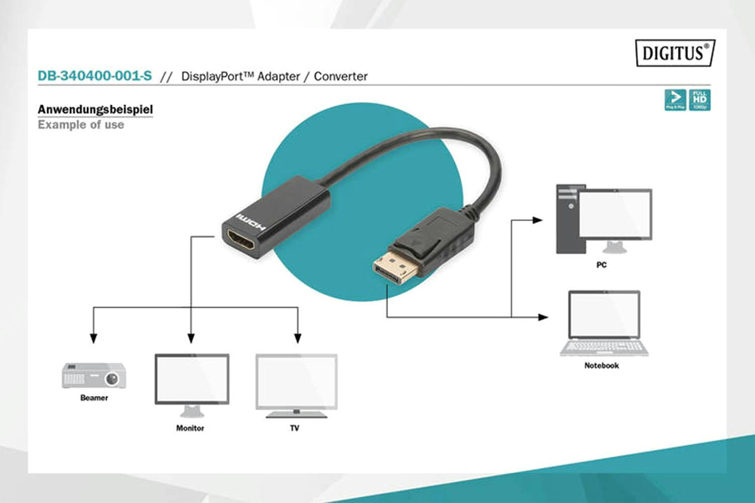 Digitus Display Port to HDMI Type-A Adapter Cable | 0.15m-6