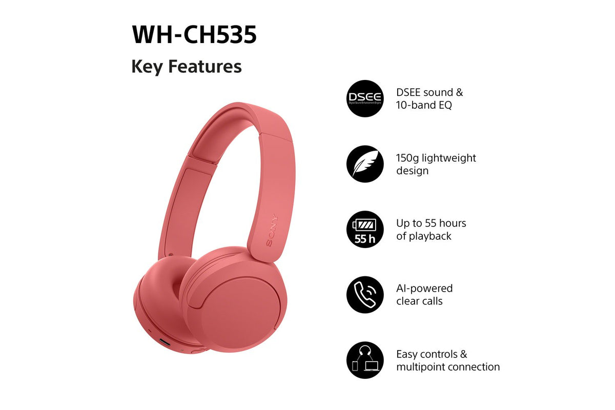 Sony WH-CH535 Wireless Bluetooth Headphones | Coral Red-2