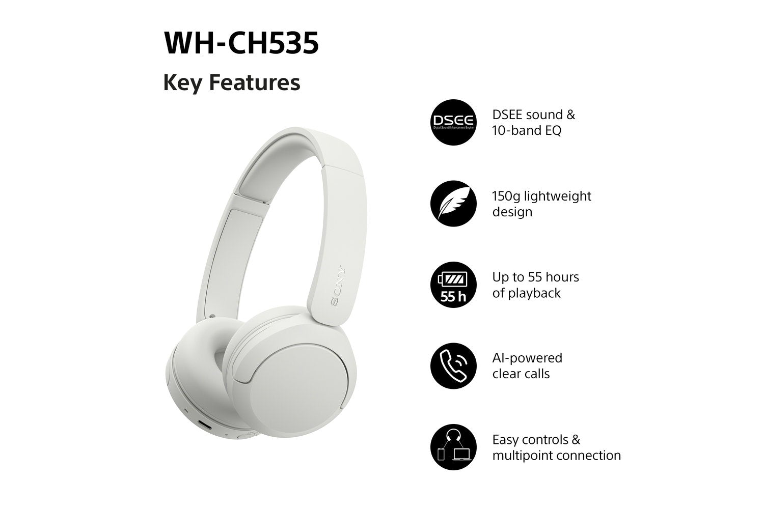 Sony WH-CH535 Wireless Bluetooth Headphones | White-2