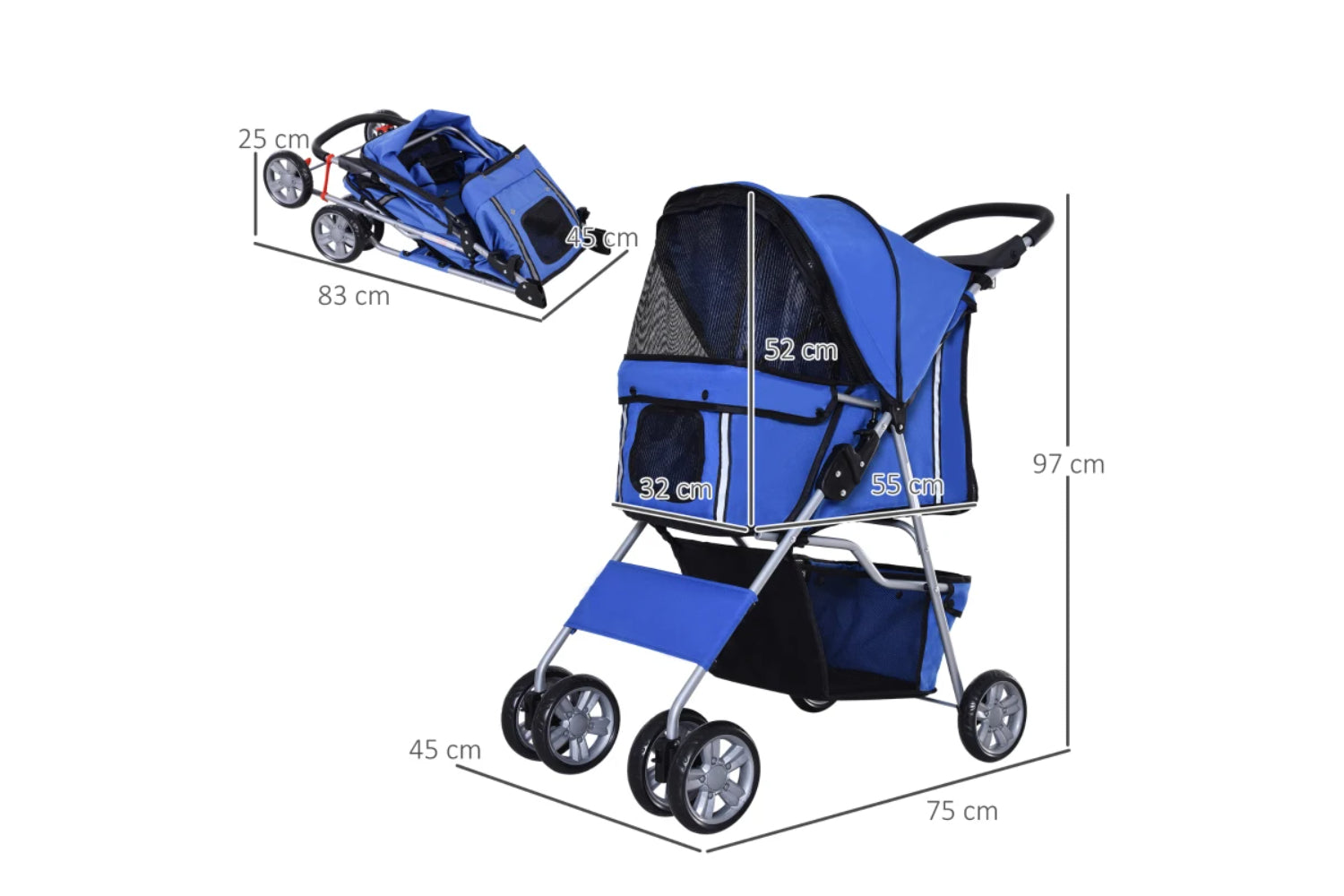 PawHut Foldable Cat Stroller Pram Pushchair | Blue/Silver-7