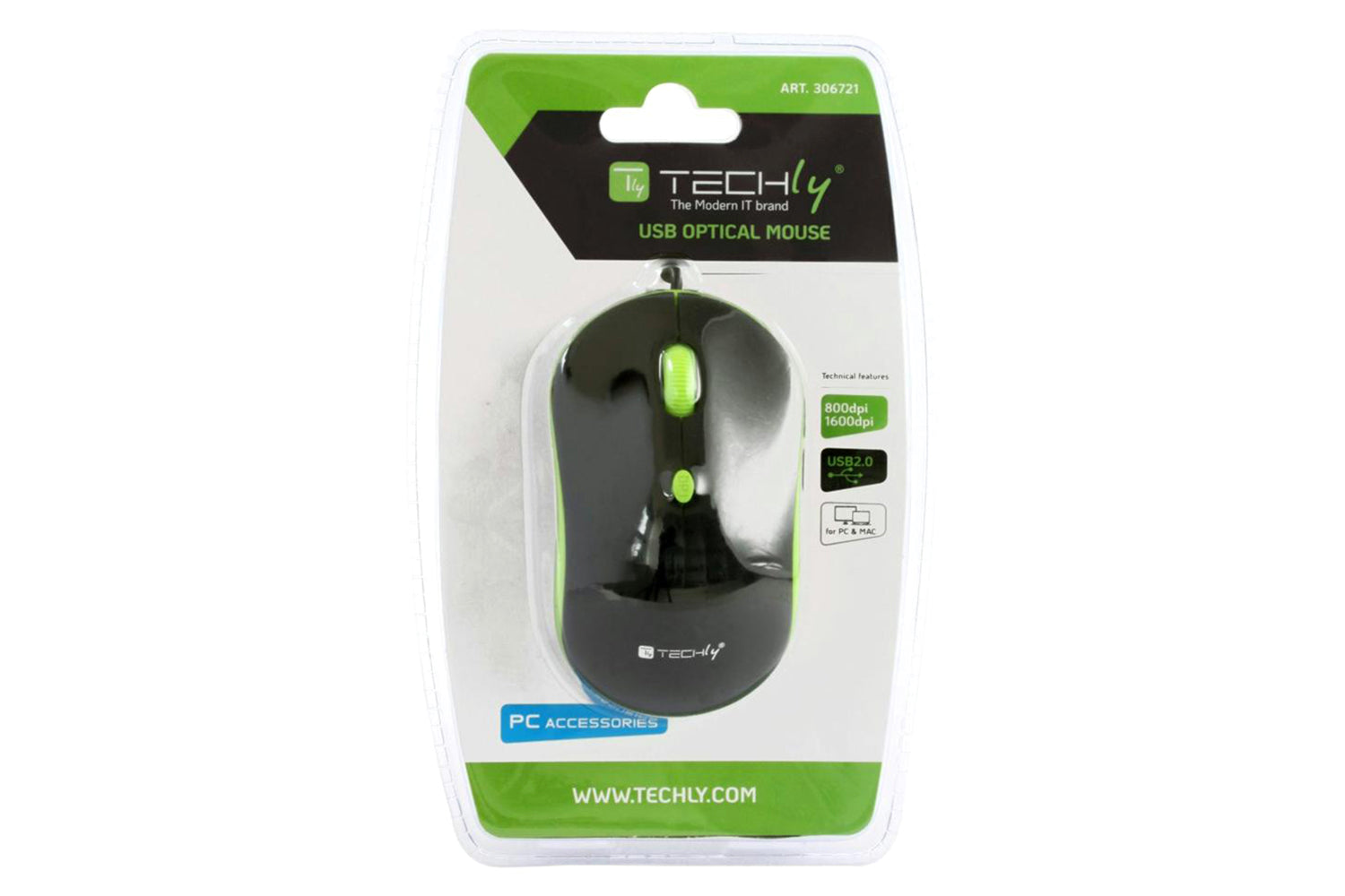 Techly Wired Optical USB Mouse | Black/Green-3