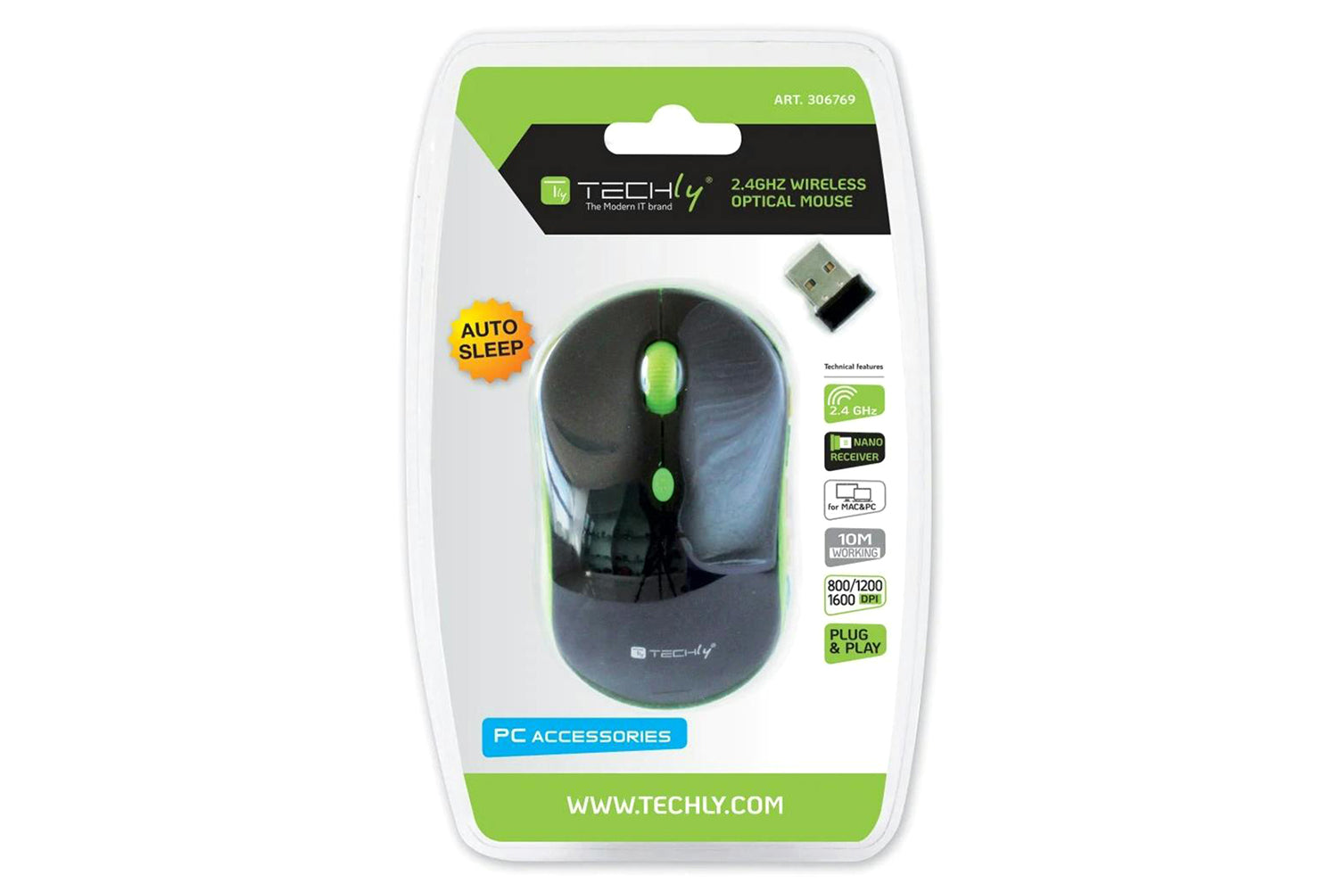 Techly Optical Wireless Mouse | Black/Green-3