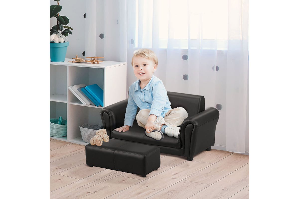 Homcom 2 Seater Toddlercouch Kids Sofa with Footstool | Black-2