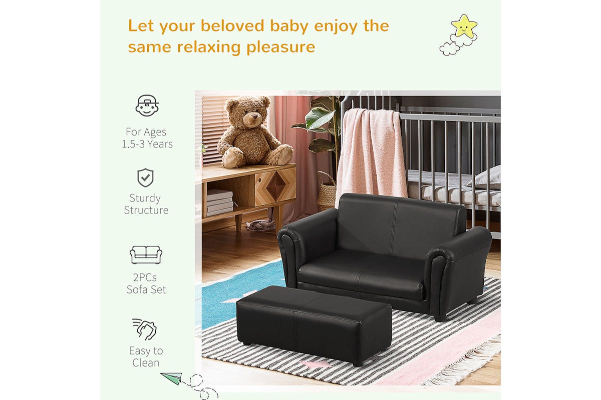 Homcom 2 Seater Toddlercouch Kids Sofa with Footstool | Black-4