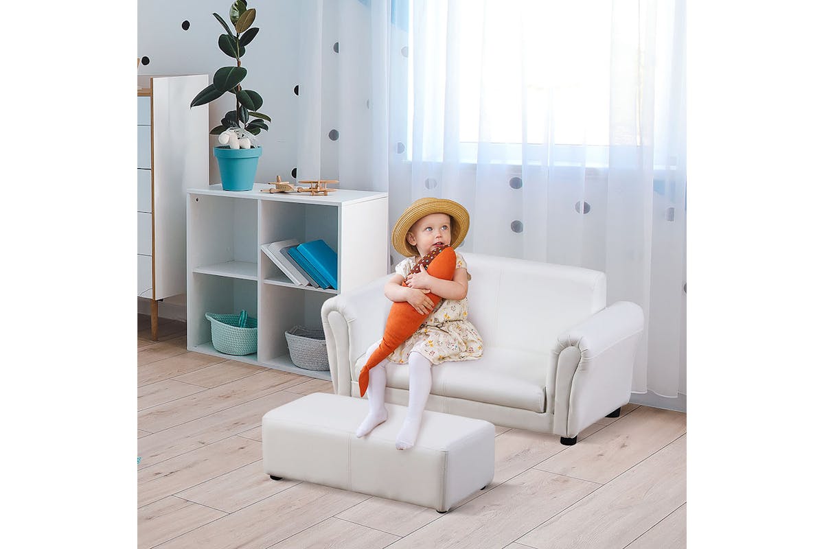 Homcom 2 Seater Childrens Sofa Chair with Footstool | White-2