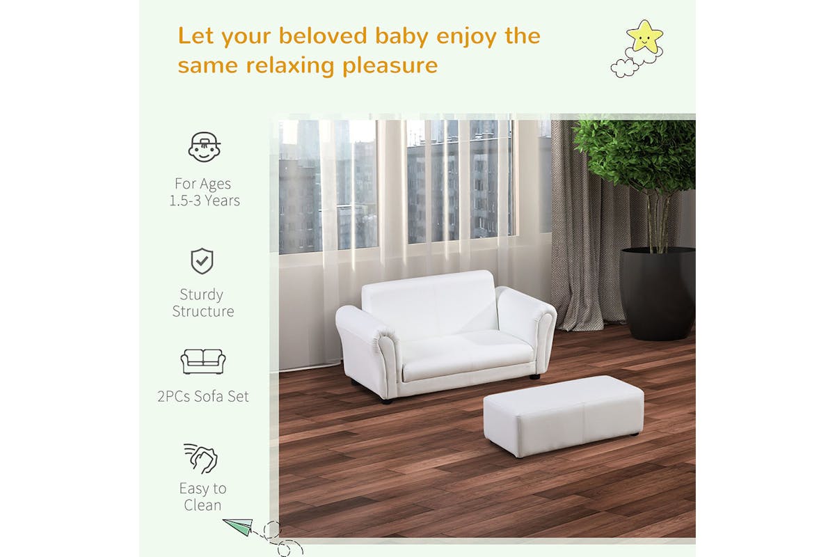 Homcom 2 Seater Childrens Sofa Chair with Footstool | White-4