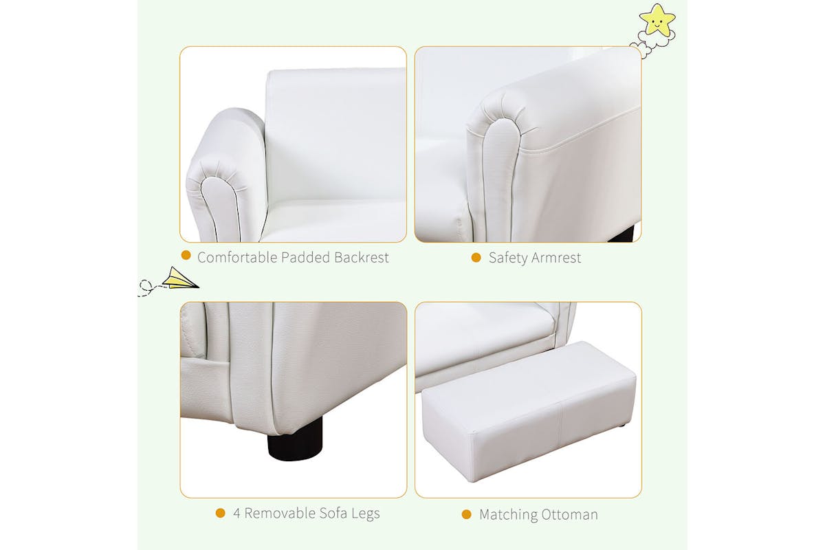 Homcom 2 Seater Childrens Sofa Chair with Footstool | White-6