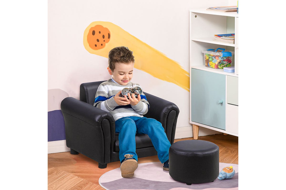 Homcom Childrens Armchair with Footstool | Black-2