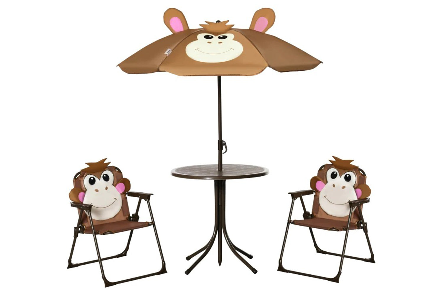 Outsunny Kids Table and Chair Set with Monkey Pattern Height Adjustable Sun Umbrella | Brown