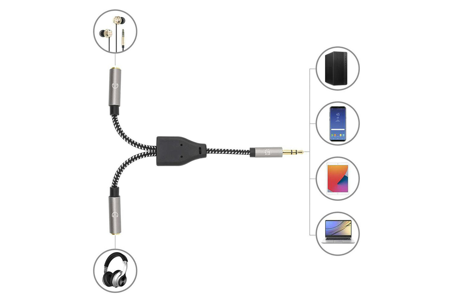 Manhattan Stereo Audio Aux Headphone Y-Splitter Cable | Black/Silver-7