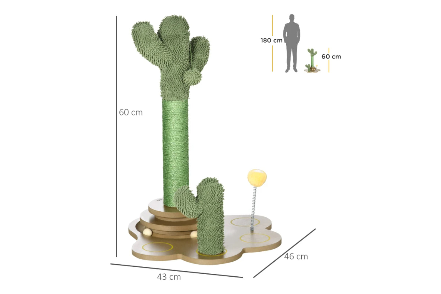 PawHut 60cm Cactus-Shaped Cat Tree | Green/Light Brown-7