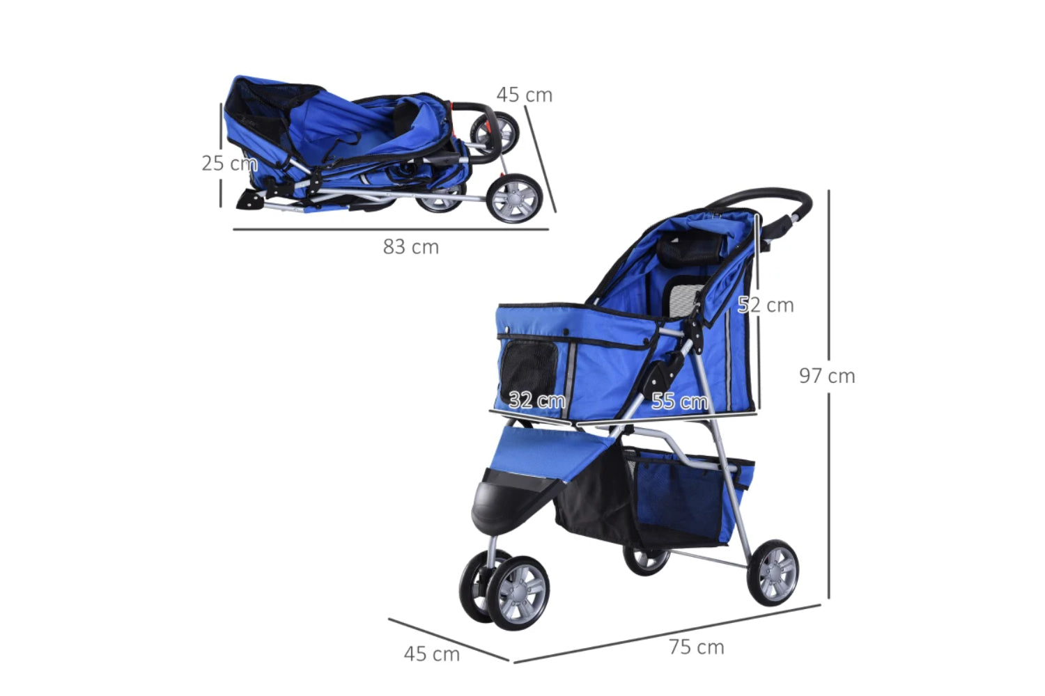 PawHut Foldable Cat Stroller Pram Pushchair | Blue/Silver-8