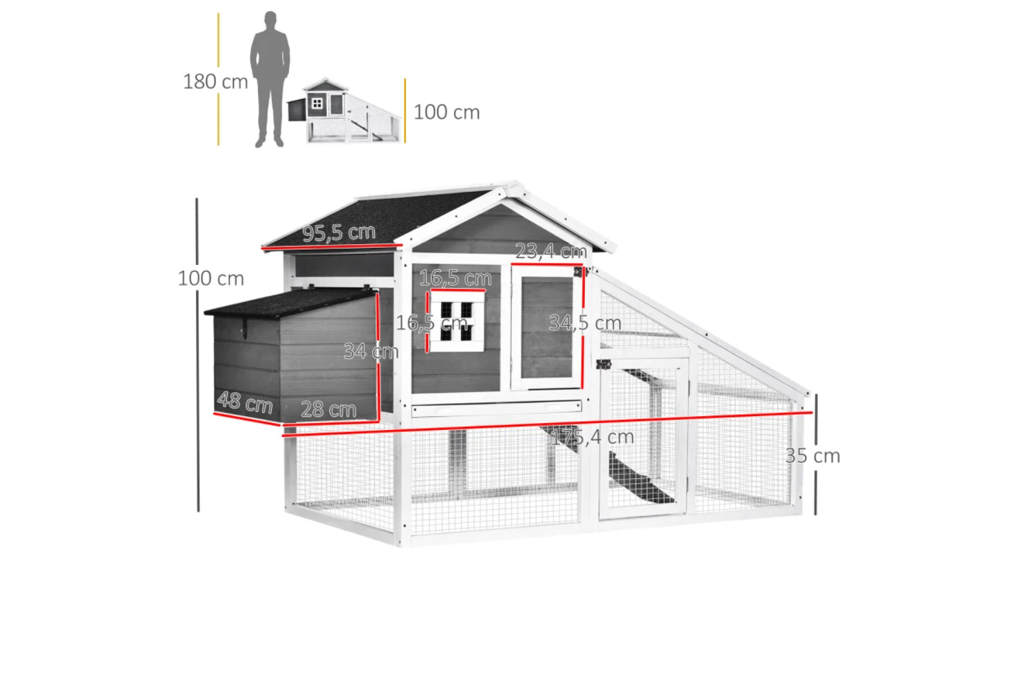 PawHut Wooden Chicken Coop Poultry House | Grey/White-7