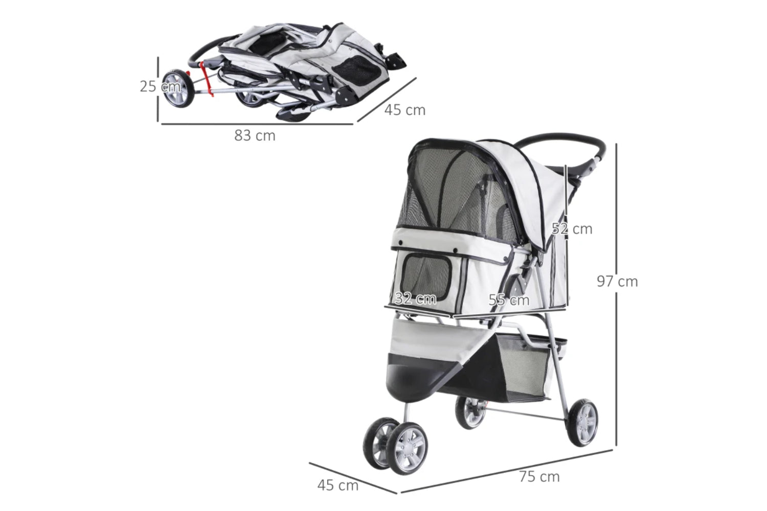 PawHut Foldable Cat Stroller Pram Pushchair | Grey/Silver-7