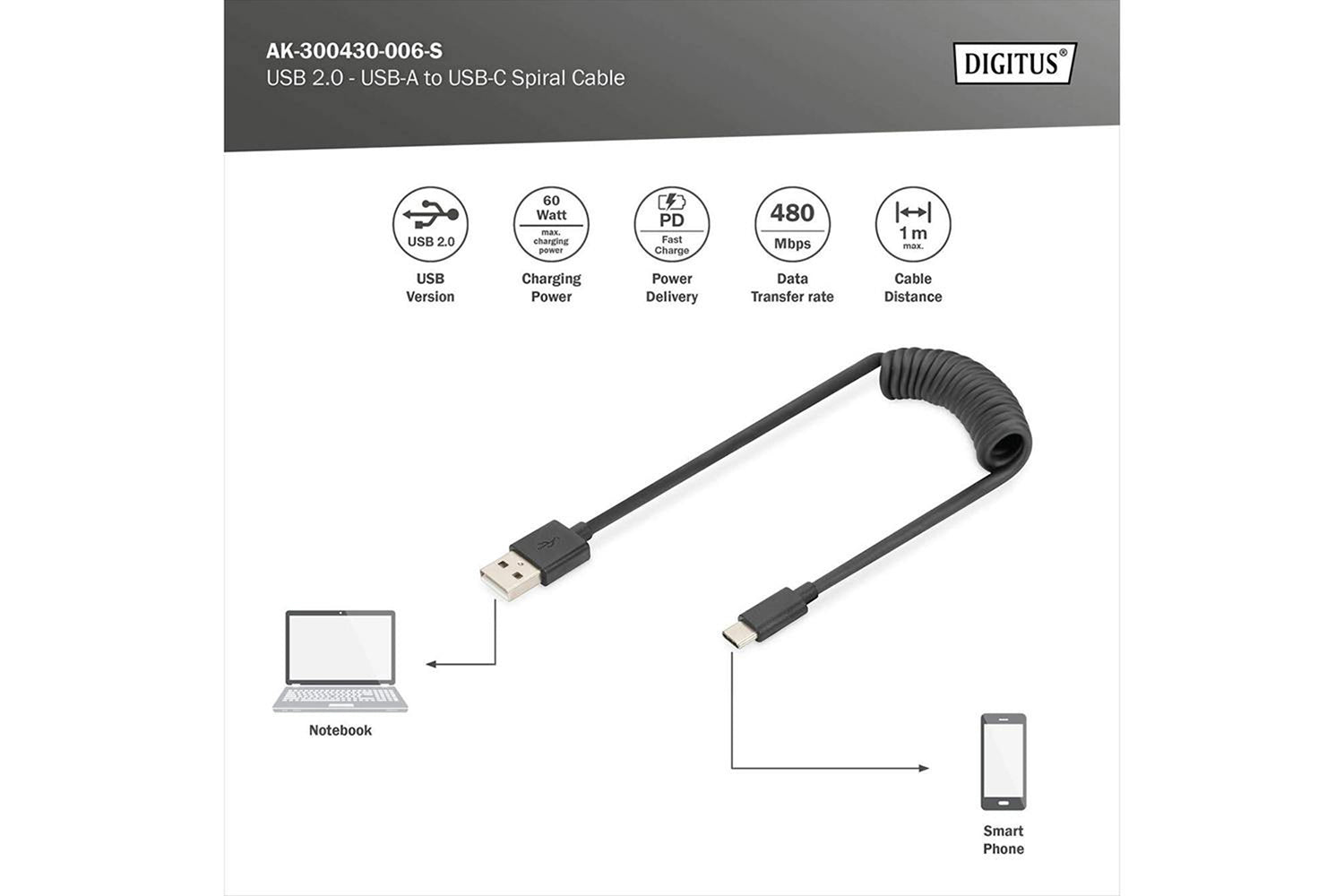 Digitus USB 2.0 - USB A to USB C Spiral Cable | Black-6
