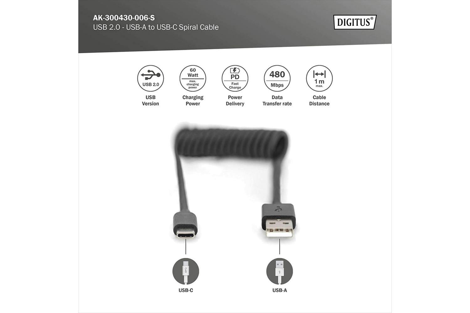 Digitus USB 2.0 - USB A to USB C Spiral Cable | Black-7