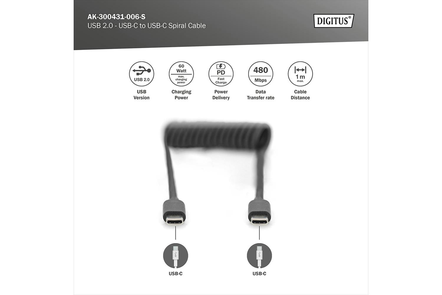 Digitus USB 2.0 - USB C to USB C Spiral Cable | Black-5