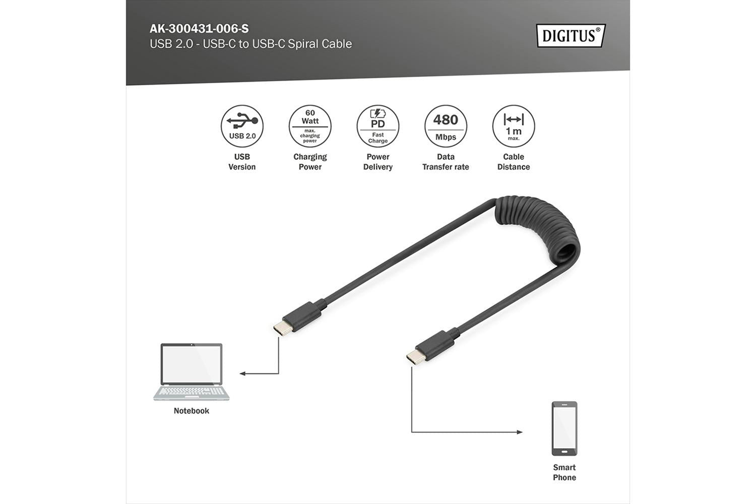Digitus USB 2.0 - USB C to USB C Spiral Cable | Black-6
