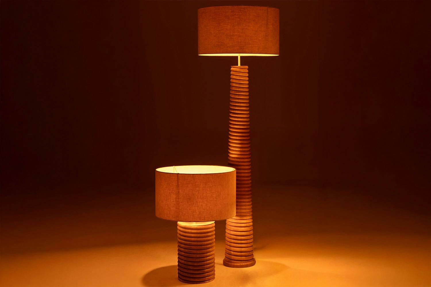 Wooden Threaded Floor Lamp | Brown/Beige-2