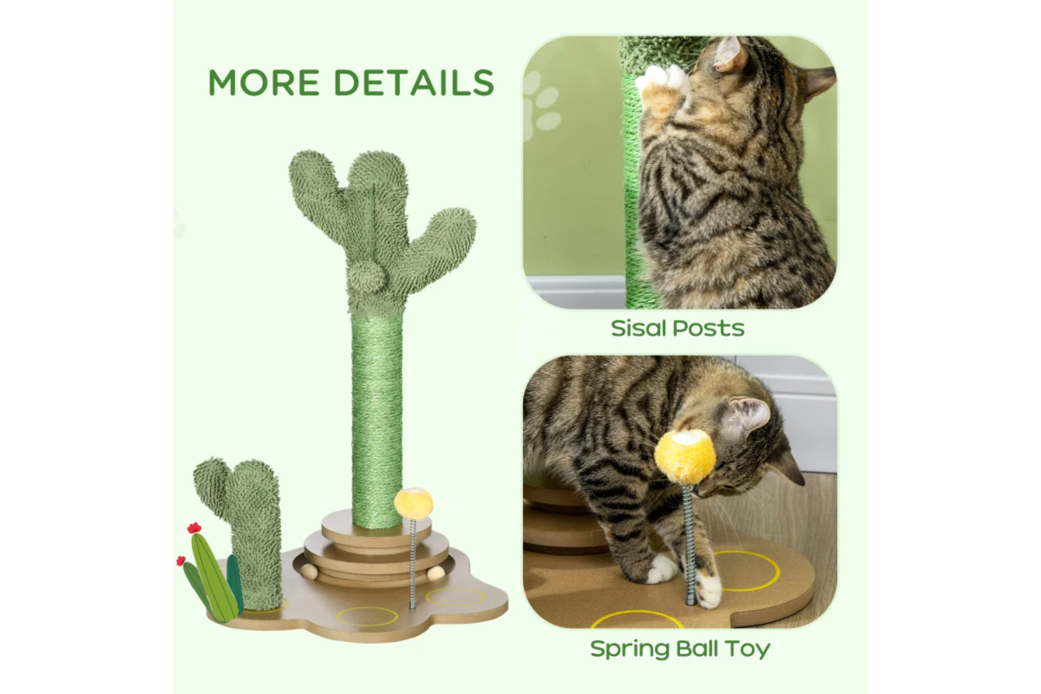 PawHut 60cm Cactus-Shaped Cat Tree | Green/Light Brown-2