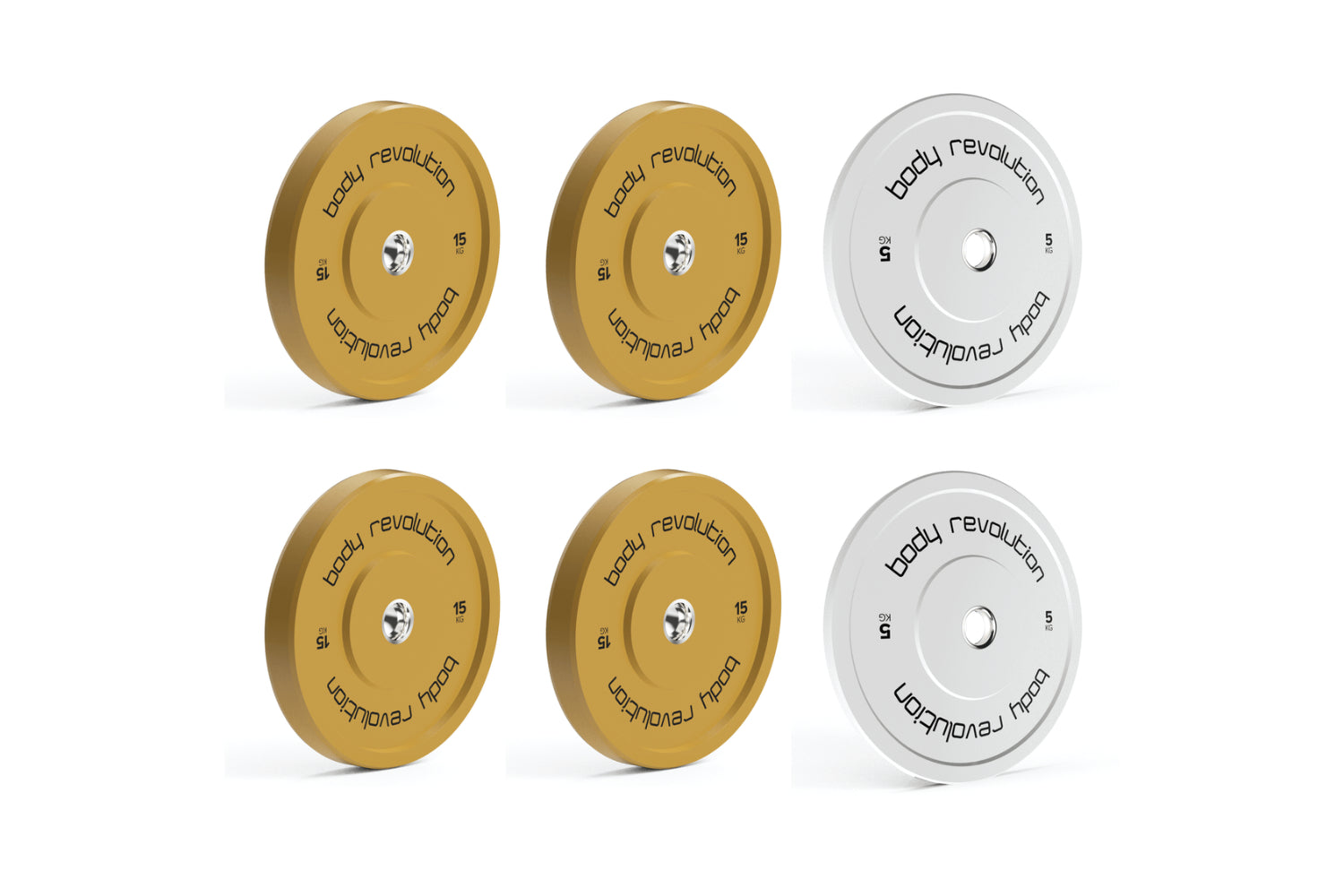 Body Revolution Olympic Bumper Plates Colour 60kg Set 2x5kg 2x10kg 2x15kg